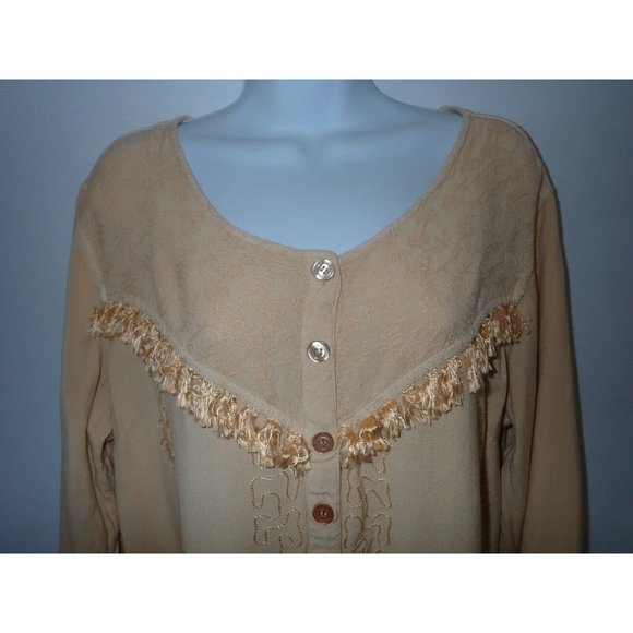 Original Anthony Peasant Top Women 1X Boho Fringe Embroidered Gold Tunic b30 - Picture 5 of 8